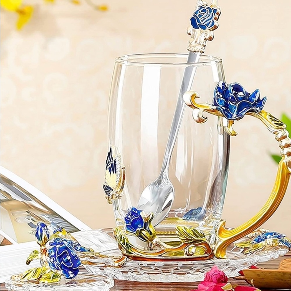 Vivimee blue glass tea cup with spoon